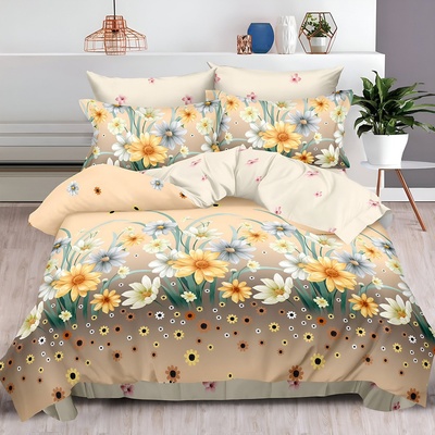 Двулицево спално бельо с ластик Цветя, 6 части, 14750. 200 x 230 см, Многоцветен/Беж
