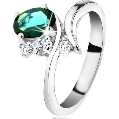 Šperky eshop prsten ve stříbrné úzká ohnutá ramena tmavě zelený oválný zirkon G11.24