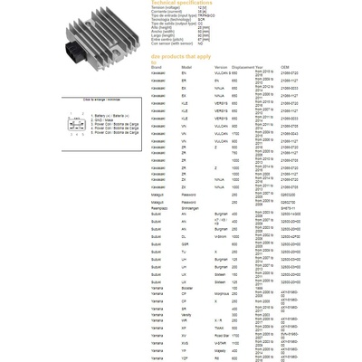 DZE regulátor napětí KAWASAKI EX 300/650 NINJA 06-17; KLE 650 VERSYS 07-16; VN 900/1700 06-19; ZR 750/800/1000 04-16; SUZUKI AN 250/400 03-06; DL 1000 02-06; UH 125/150/200 07-14; YAMAHA TMAX 500 09-1