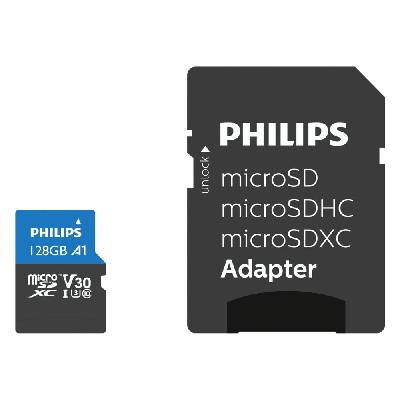Карта памет 128GB microSDXC с адаптер, Philips FM12MP65B/00, UHS-I U3 V30, скорост на четене до 100MB/s, скорост на запис до 45MB/s (FM12MP65B/00)