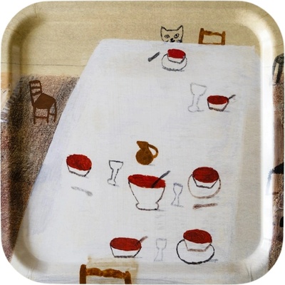 Fine Little Day Servírovací tác Kitten with Soup 32 x 32 cm béžová barva dřevo