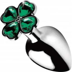 XR Brands Метален анален разширител-бижу със зелен кристал-детелина Lucky Clover М