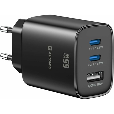Swissten Síťový Adaptér Edge GaN 2x USB-C PD 65W + 1x USB-A 18W QC Černý – Zbozi.Blesk.cz