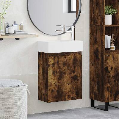 vidaXL Мивка за баня със смесител Опушен дъб 45, 5 x 22, 5 x 84 см (889456)