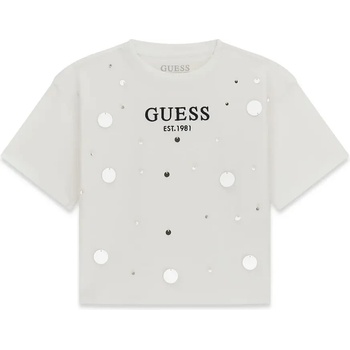 GUESS Свободна тениска за момиче в бял цвят с пайети и надпис Guess