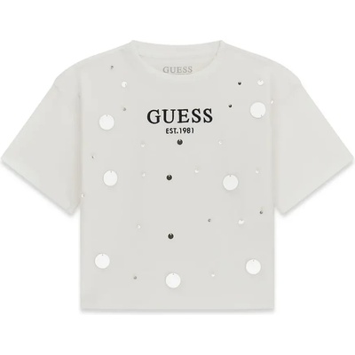 GUESS Свободна тениска за момиче в бял цвят с пайети и надпис Guess
