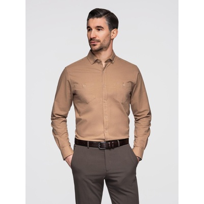 Ombre Clothing Мъжка ленена риза с класическа яка и джобове REGULAR FIT - светло кафяво Ombre Clothing | Kafyav | МЪЖЕ | S