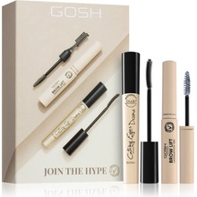 Gosh Join The Hype Catchy Eyes Drama posilující řasenka pro extrémní objem a intenzivní pohled 10 ml + Brow Lift Lamination gel na obočí s kartáčkem 2 v 1 6 ml dárková sada