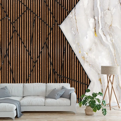 Art gift Фототапет - Дървен мрамор със златисти ленти 3