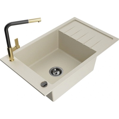Mexen Elias мивка от гранит с 1 отделение с дренаж и кухненски смесител Flora, бежов - 6511-69-670401-57-B (6511-69-670401-57-B)