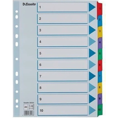 Zesílené rejstříky "Mylar", mix barev, karton, A4, 1-10, ESSELTE
