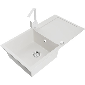 Mexen Leo гранитна мивка с 1 отделение и отцедник и кухненски смесител Rita, бяла - 6501-20-670300-20 (6501-20-670300-20)