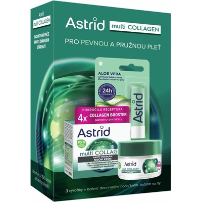 Astrid Multicollagen Astrid Multicollagen denný krém proti vráskam 50 ml + Astrid Multicollagen nočný krém proti vráskam 50 ml + Astrid Aloe Vera upokojujúci balzam na pery 4,8 ml