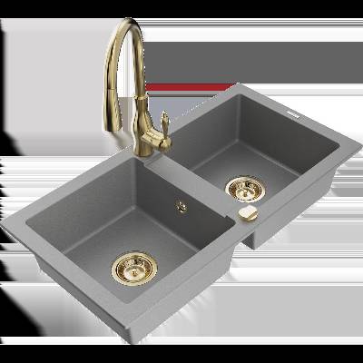 Mario двоен гранитен мивка с кухненски смесител Savita, сив - 6504-71-672601-50 (6504-71-672601-50)