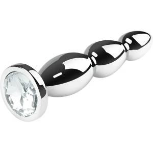 SuperLove Triple Bead Jewel Metal Butt Plug Silver-Clear Gem