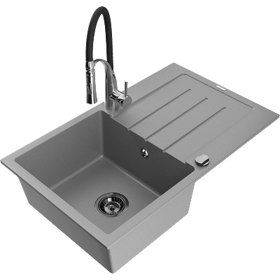 Mexen Bruno еднокоморна гранитна мивка със сушилник и кухненски смесител Aster, сив - 6513-71-73450-07-B (6513-71-73450-07-B)