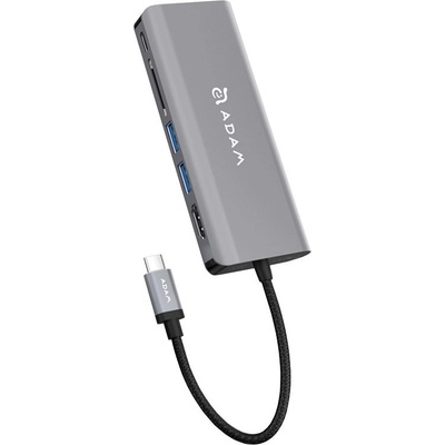 ADAM elements Casa Hub A01 - USB-C хъб с 2 USB изхода, USB-C PD порт, HDMI, Ethernet и четец за карти памет за устройства с USB-C порт (тъмносив) (AAPADHUBA01GY)
