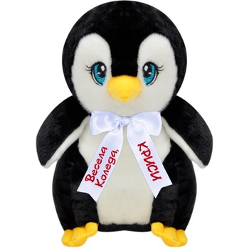 Плюшен пингвин с коледна песен и надписана панделка, 23 см (46449-Н)