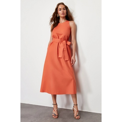 Trendyol Orange Belted Poplin Pocket Midi Woven Dress červená