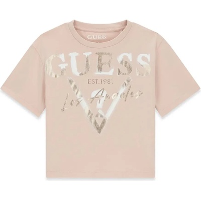 GUESS Розова къса тениска за момиче с лъскав голям надпис и лого Guess