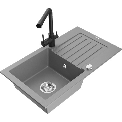 Mexen Pablo гранитна мивка с една камера с отцедник и кухненски смесител Duero, сива - 6510-71-671600-70 (6510-71-671600-70)