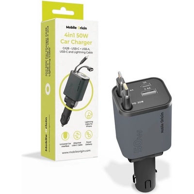 Mobile Origin Зарядно за кола с вграден Lightning и USB-C кабели и USB-A и USB-C изходи - Mobile Origin CA28 4 in 1 Car Charger With Lightning And USB-C Cable 50W (тъмносив) (MO-CCH-CA28)