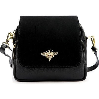 Čierna kožená crossbody kabelka s brošňou 19-68-11