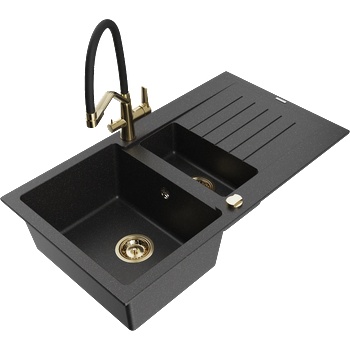Mexen Matias гранитна мивка с 1, 5 отделения с отцедник и кухненски смесител Duo, черно/сребърно - 6502-73-671701-57-G (6502-73-671701-57-G)