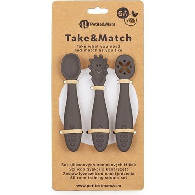 PETITE&MARS Set 3 ks silikónových tréningových lyžičiek Take&Match Bitter Cocoa 6m+