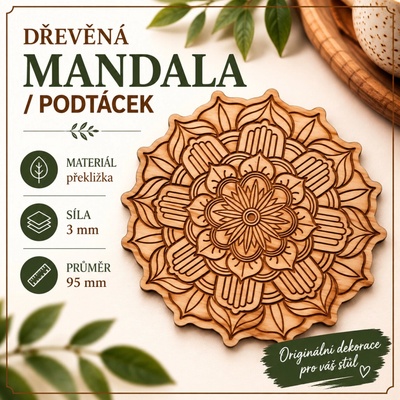 ADVIPO dekorace Dřevěný podtácek mandala s vrstveným květem a listovým ornamentem Ø 95 mm