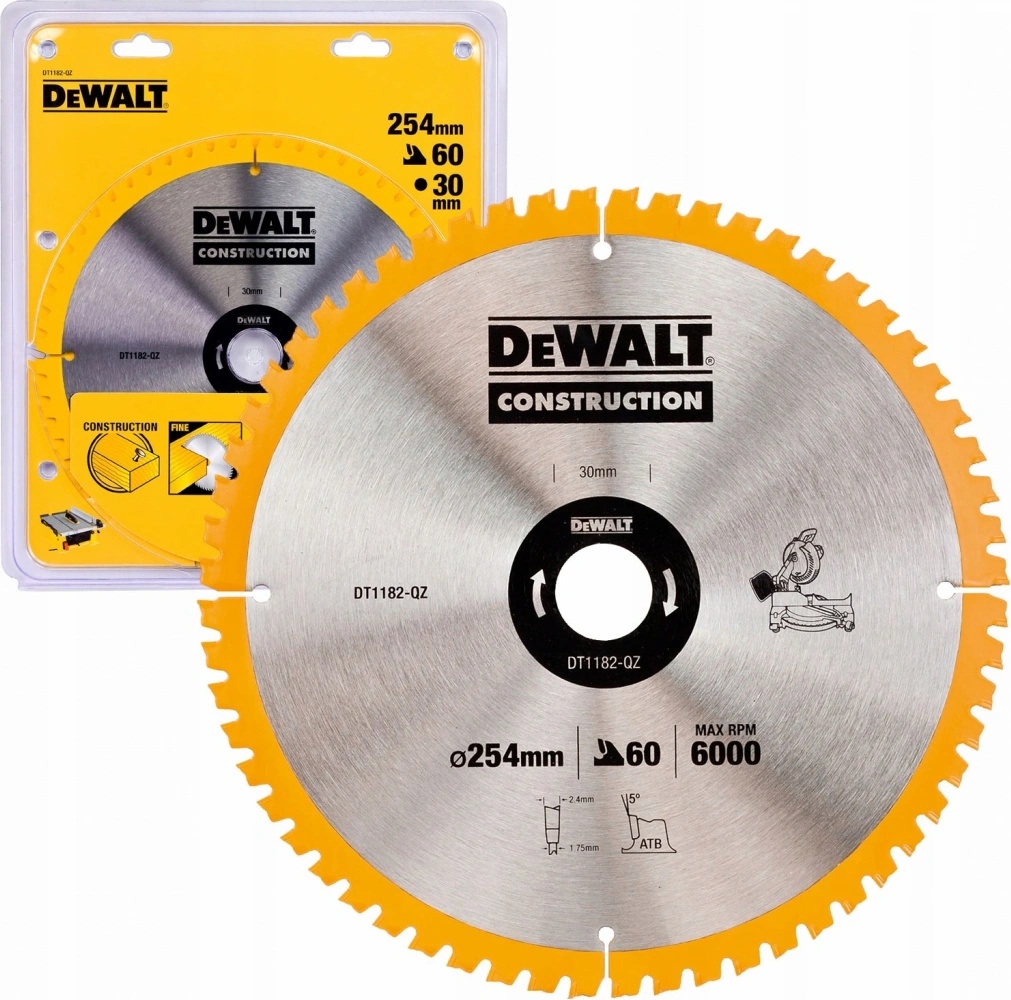 DeWalt DT1182-QZ Tischgehrungssägeblatt – 254 X 30 X 60 Mm, Präzisionsgeschliffen, Mit Hartmetall-Zähnen