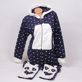 Тъмносиня макси пижама-гащеризон със сърца и панда