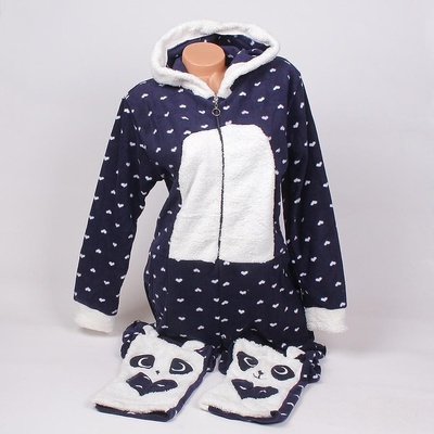 Тъмносиня макси пижама-гащеризон със сърца и панда