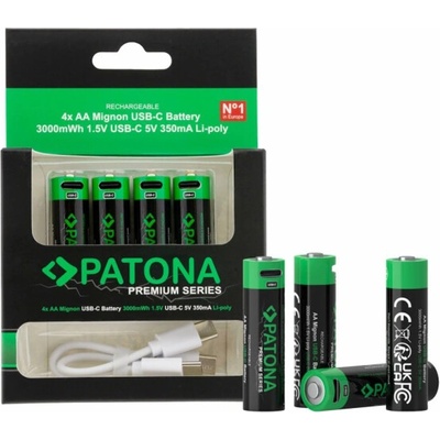 PATONA nabíjecí baterie AA/LR6 Li-Pol 2000mAh 1,5V s USB-C nabíjením, 4ks v balení