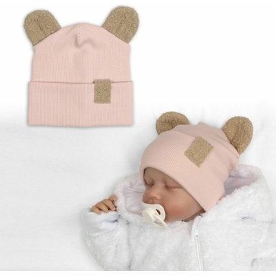 Dvojvrstvová rebrovaná čiapočka s uškami boucle medvedík ružová Baby Nellys