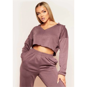 Missy Empire Суичър Missy Empire V Neck Seam Detail Cropped Hoodie - Mocha