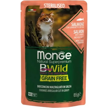 Monge BWILD Grain Free Sterilised със сьомга, скариди и зеленчуци - пауч с хапки в сос, без зърнени храни - за кастрирани котки в зряла възраст 85 гр