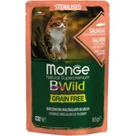 Monge BWILD Grain Free Sterilised Salmon със сьомга, скариди и зеленчуци пауч с хапки в сос за кастрирани котки 85gr