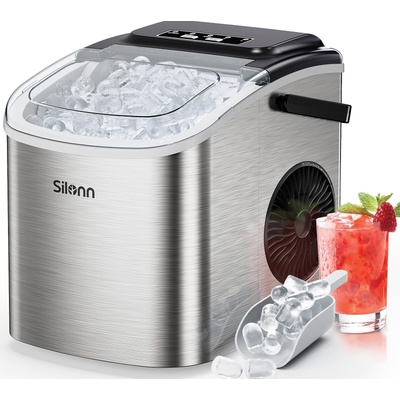 Silonn ice cube machine, small ice cube machine with carrying handle, 9 ice cubes in just 6 minutes, 12 kg of ice in 24 hours. Self-cleaning, compact with 2 ice sizes, ideal for kitchen, office and parties, silver - SLIM09T