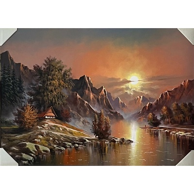Bondecor Obraz "Chata u řeky" - tisk na papír na MDF desku, 70 x 50cm