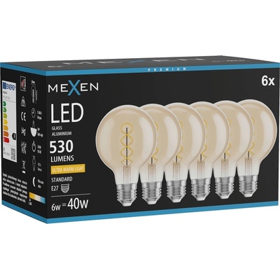 Mexen Vintis 6x LED спирална лампа с нажежаема жичка E27, G80, 6W, Топло - 2200K, 530 lm, (L165-E27-0622-50x06)