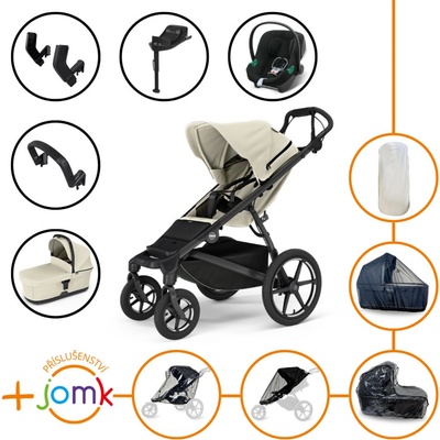 Thule Set 11v1 Urban Glide 4-wheel Soft beige 2024 + madlo + korbička Soft beige + JOMK příslušenství + autosedačka Cybex s ISOFIX základnou a adaptéry Thule