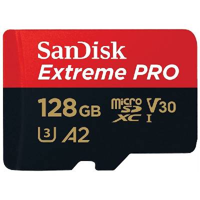 Карта памет 128GB microSDXC, Sandisk Extreme Pro с адаптер, Class 10 UHS-1 U3, скорост на четене 200MB/s, скорост на запис 90MB/s (SDSQXCD-128G-GN6MA)