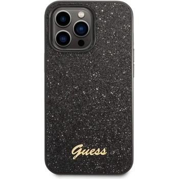 GUESS Glitter Flakes Metal Logo Case - хибриден удароустойчив кейс за iPhone 14 Pro Max (черен)