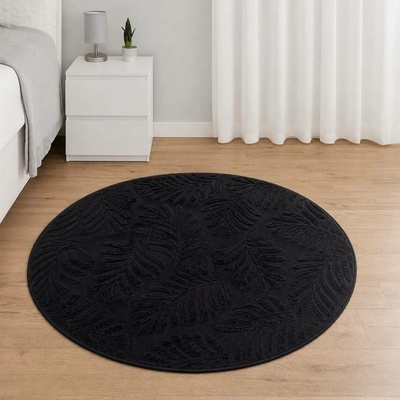 Takoy Koberec kulatý o průměru 120cm vzor listí černý-HT-00416 | Ø 120 cm