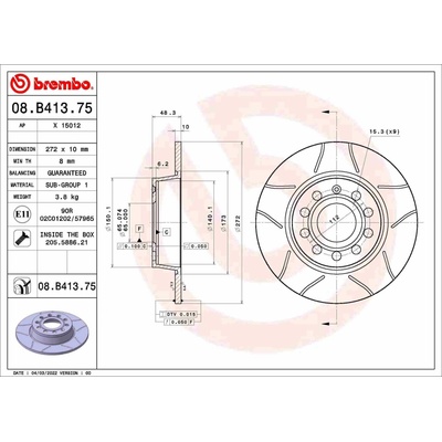 BREMBO brzdový kotúč 08.B413.75, súprava 2 ks