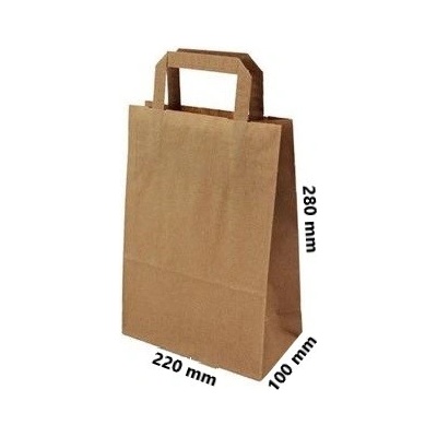 Papírová taška ploché ucho 220x100x280 mm nosnost 5 kg cena za: 250 ks v kartonu, Barva: Hnědá