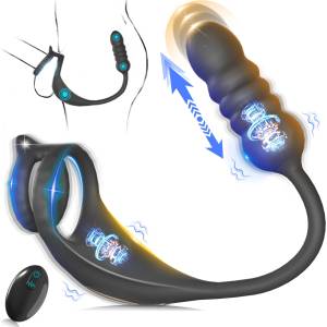 SuperLove Dual Vibrating Cock Ring & Thrusting Prostate Massager Anal Lock with Remote Black