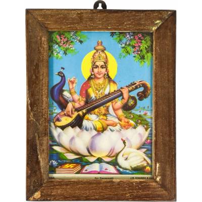 Sanu Babu Saraswati, obrázek v rámečku z teakového dřeva, 15x1x20cm