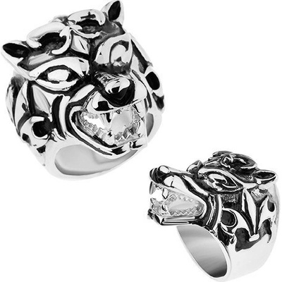 Šperky eshop Masivní prsten z oceli 316L vypouklý patinovaný vlk Fleur de Lis Z39.14
